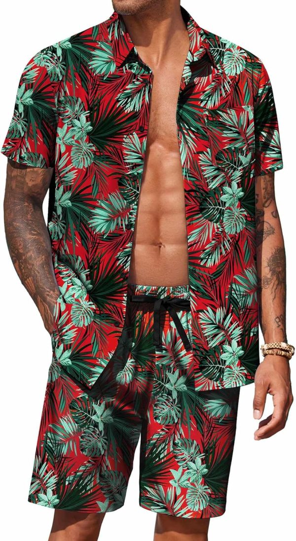 COOFANDY Men's Hawaiian 2 Piece Outfits Summer Beach Matching Set Short Sleeve Floral Shirts and Shorts - Image 6