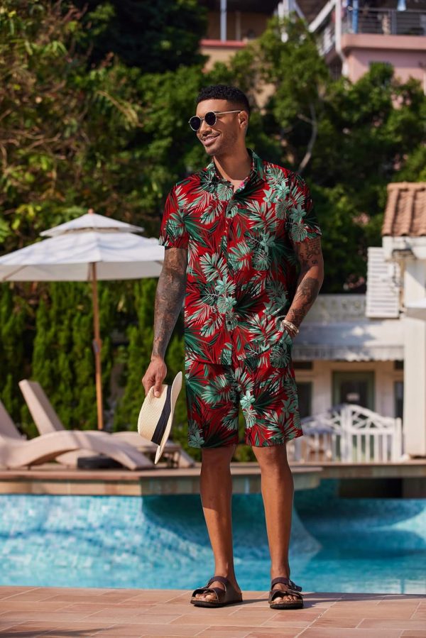 COOFANDY Men's Hawaiian 2 Piece Outfits Summer Beach Matching Set Short Sleeve Floral Shirts and Shorts - Image 9