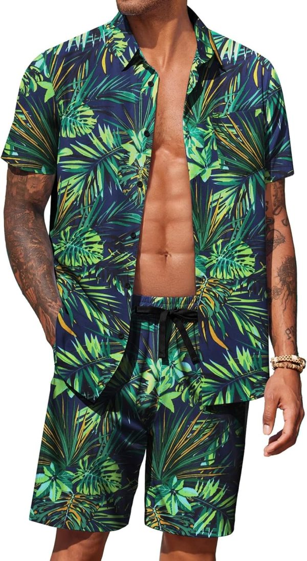 COOFANDY Men's Hawaiian 2 Piece Outfits Summer Beach Matching Set Short Sleeve Floral Shirts and Shorts - Image 26