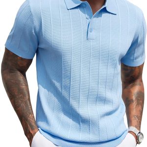 COOFANDY Mens Knit Polo Shirts Short Sleeve Ribbed Textured Polo Shirt Lightweight Casual Golf Shirts Collared T Shirt