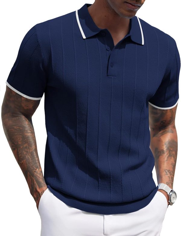 COOFANDY Mens Knit Polo Shirts Short Sleeve Ribbed Textured Polo Shirt Lightweight Casual Golf Shirts Collared T Shirt - Image 69