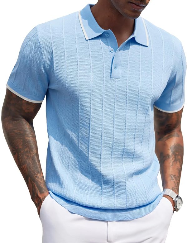 COOFANDY Mens Knit Polo Shirts Short Sleeve Ribbed Textured Polo Shirt Lightweight Casual Golf Shirts Collared T Shirt - Image 96