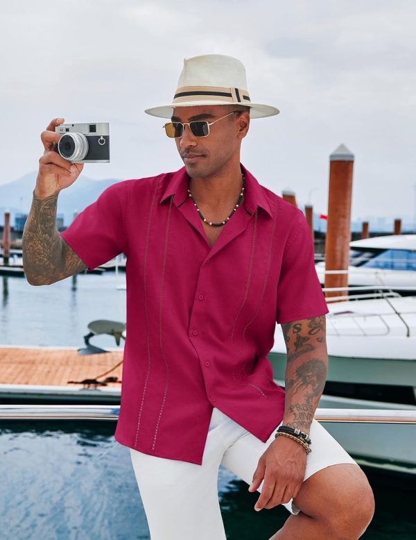 COOFANDY Men's Cuban Guayabera Shirt Casual Short Sleeve Button Down Shirts Summer Beach Shirts - Image 46